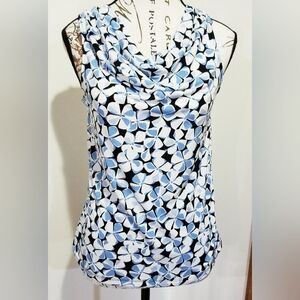 Ann Taylor Sky Blue White Floral  Sleeveless Cowl Neck Blouse MP Office Jasmine